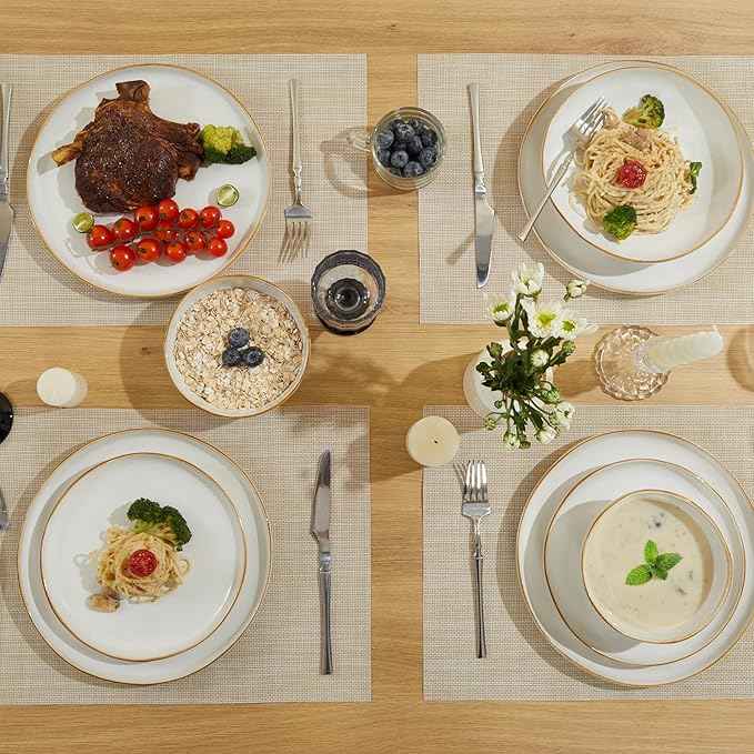 32 Piece White Dinnerware Set with Pasta Bowls, Reactive Glaze Stoneware for 8 | Perfect for Multi‑Course Dinners, Hosting Large Groups, Holiday Serving Needs