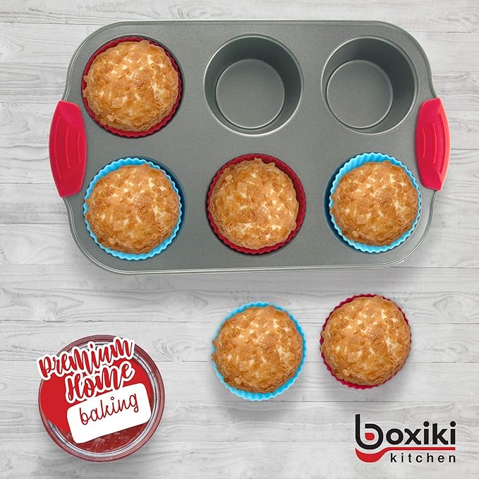 Boxiki Kitchen Baking Non-Stick Steel Jumbo 6 Cup Muffin Pan with Silicone Handles & Reusable Liners and 9x5 Inch Silicone Bread Loaf Pan - Ultimate Set for Muffins, Bread, Cakes, and More.