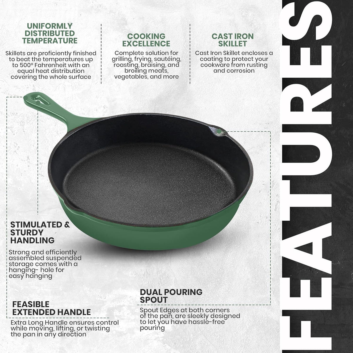 Utopia Kitchen Cast iron Skillets 3 Piece Set, Chefs Pan, Pre Seasoned Cast iron Skillets, 6, 8 & 10 Inches, Easy Use in the Oven, Stove, Grill, or Campfire, Green