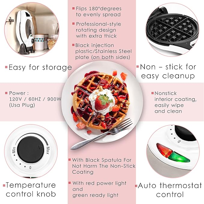 Moss & Stone Belgian Waffle Maker, Electric Flip Waffle Machine with Adjustable Temperature Control, Non-Stick Grids for Smooth Release, Compact 8-Inch Round Waffle Maker, White