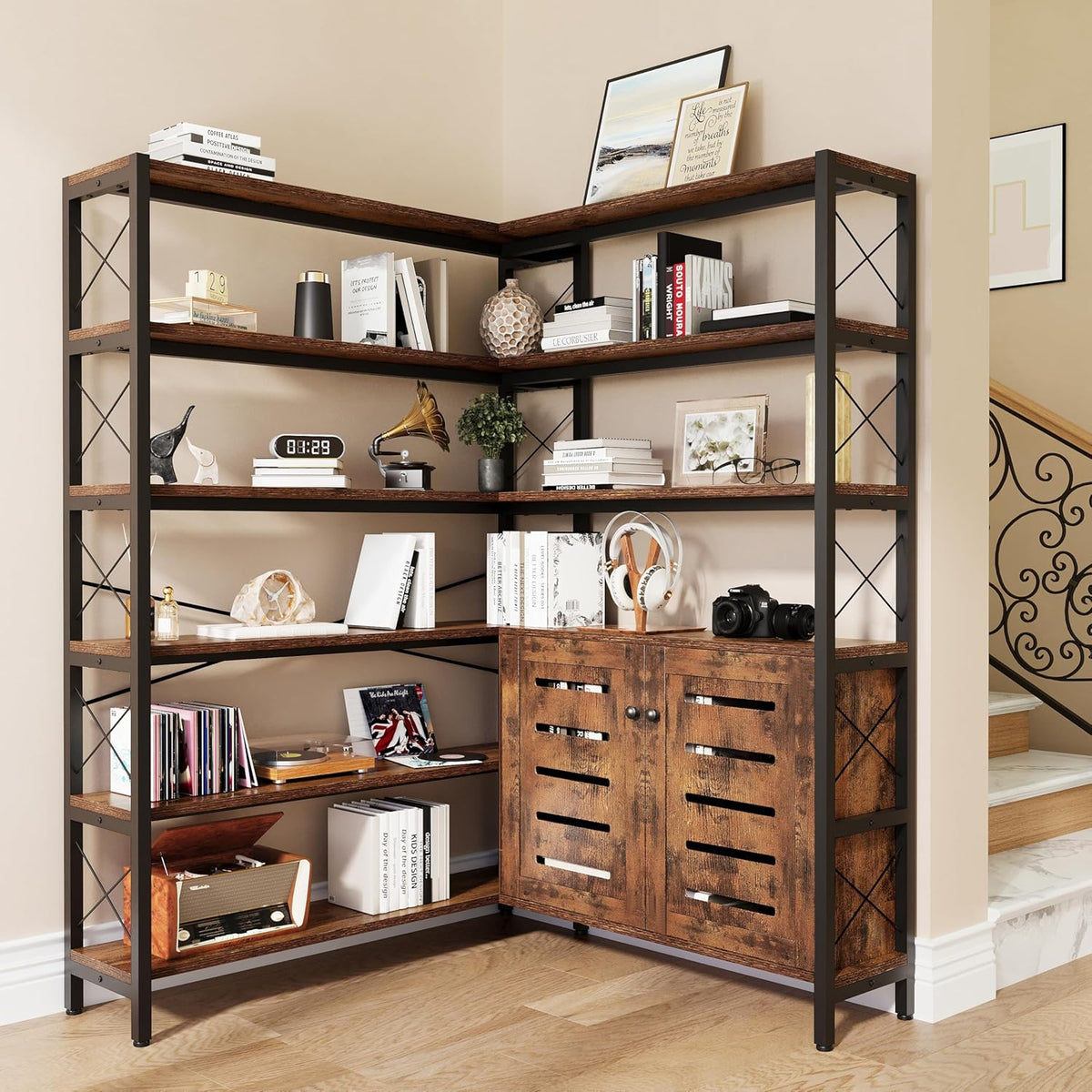 6-Shelf Corner Bookshelf, Vintage Industrial Corner Shelf Etagere Bookcase, Large Book Shelf with Metal Frame Open Storage Corner Cabinet (Brown-Lockers, Large)