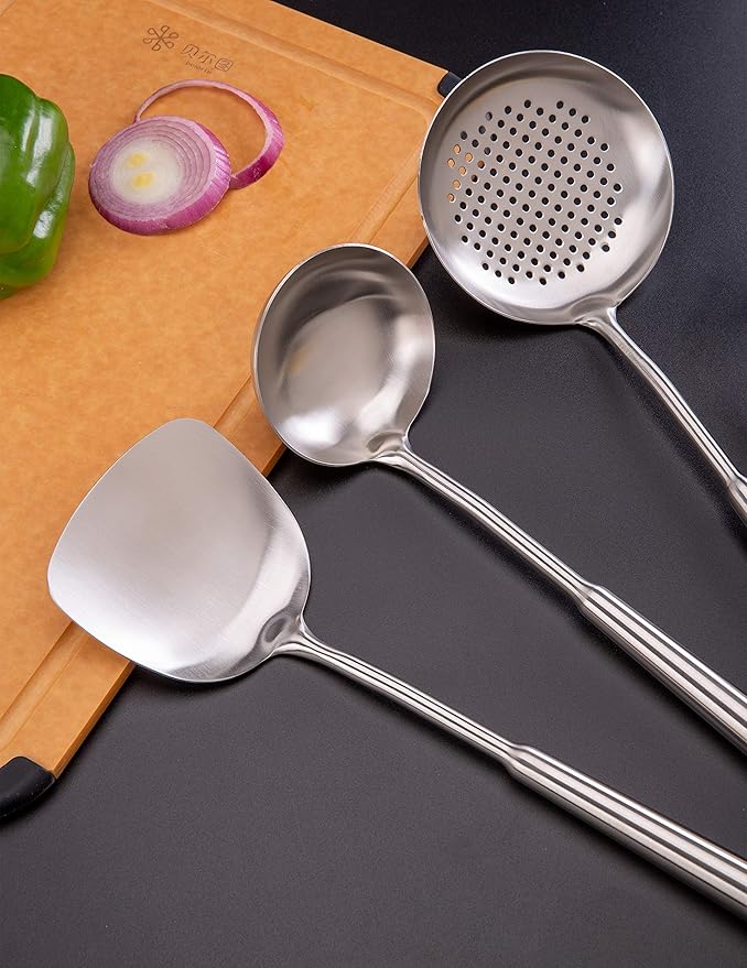 Wok spatula and ladle,Skimmer Ladle Tool Set, Chinese Wok Utensil Set, All metal 304 Stainless Steel Cooking Utensils(15in,15in,14in)
