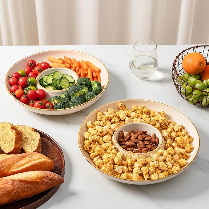 LEHAHA Porcelain Chip and Dip tray, Set of 2,12 inch Ceramic Serving Tray, Divided Serving dip Platter, Porcelain dip bowl, salsa bowl, Microwave and Dishwasher Safe, Dark Cream