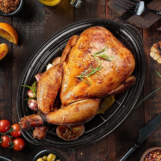 15” Roaster Pan with Lid and Rack, Small Enamel Roaster Pan with Oval Roasting Rack, Granite Baking Pot for Chicken Turkey Lamb, Heat Resistant, Oven/Dishwasher/All Stovestops Compatible