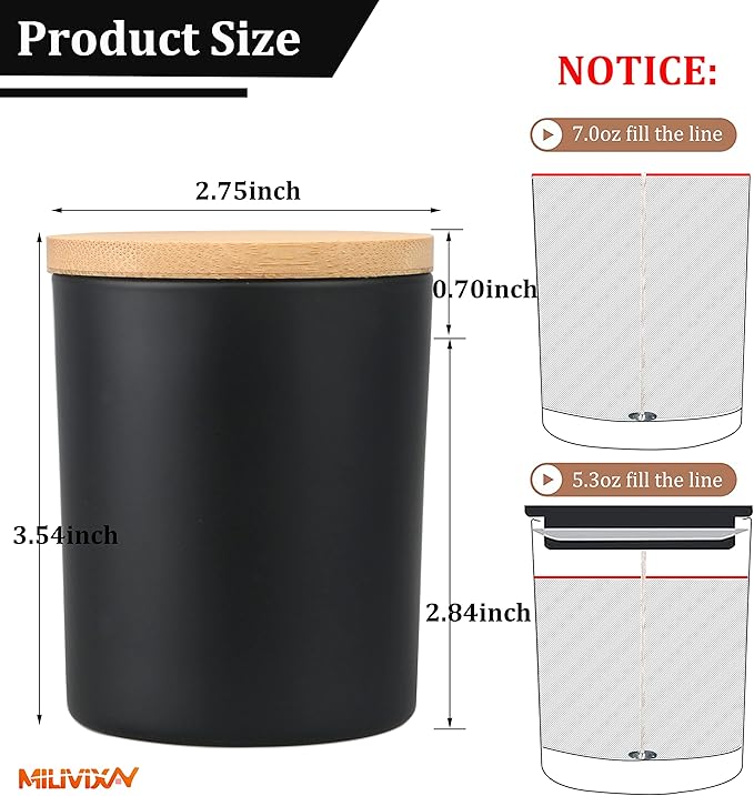 MILIVIXAY 12 Pack 7 OZ Black Matte Glass Candle Jars with Lids and Candle Making Kits - Bulk Empty Candle Jars for Making Candles - Spice, Powder Containers.
