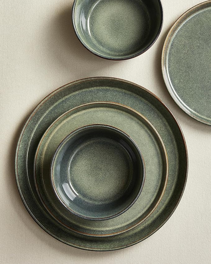 Pokini Dinnerware Sets, Microwave Safe Plates and Bowls Sets, Dishes Set for 6, Chip & Scratch Resistant Dinner Set, Hand Glazed Farmhouse Dishware Sets, Green Wheat