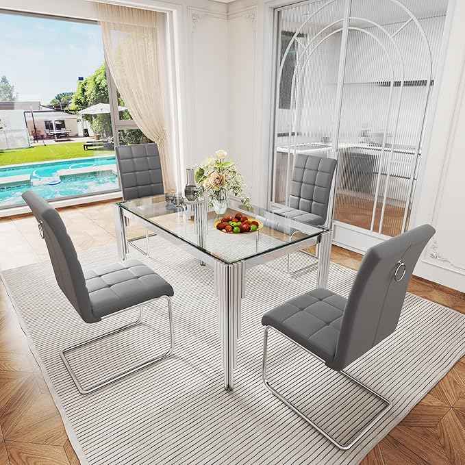 AF ARTISAN FURNITURE 53'' Glass Dining Table Set for 4, Kitchen Table Chairs Set of 4, Clear Silver Glass Dining Tables with Stainless Steel Legs, 4 Grey PU Dining Chairs, Living Room, Kitchen
