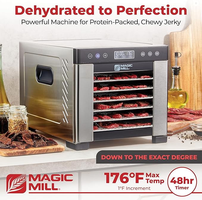 Magic Mill Pro Food Dehydrator Machine | Powerful 600W Rear Fan Even-Drying System | 7 Full-Size Stainless Steel Trays | 95°-176° Temperature Control, 48H Timer, Keep Warm + Auto Shutoff | ETL Listed
