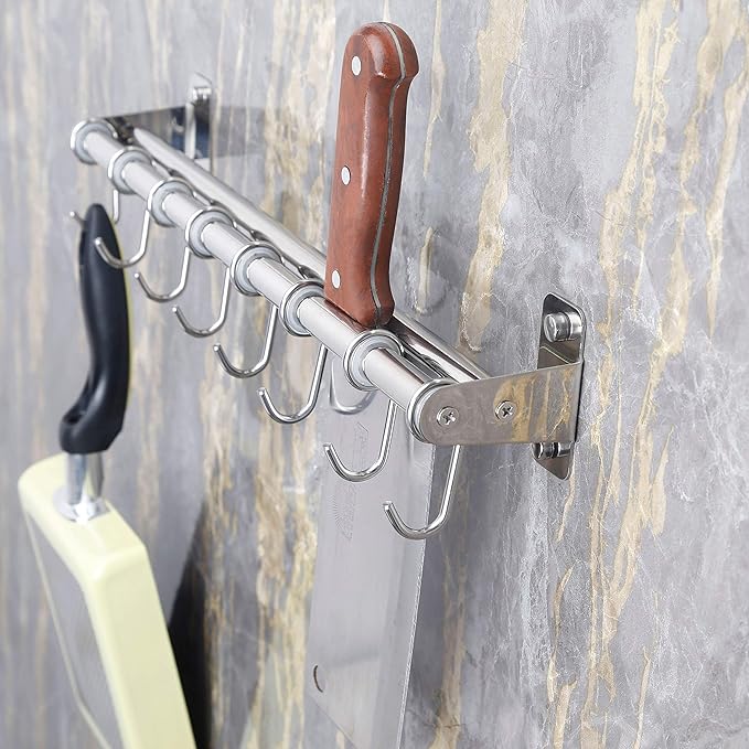 Dseap Pot Rack - Pots and Pans Hanging Rack Rail with 8 Hooks, Double Bars, Pot Hangers for Kitchen, Wall Mounted, Chromed, Pack of 2