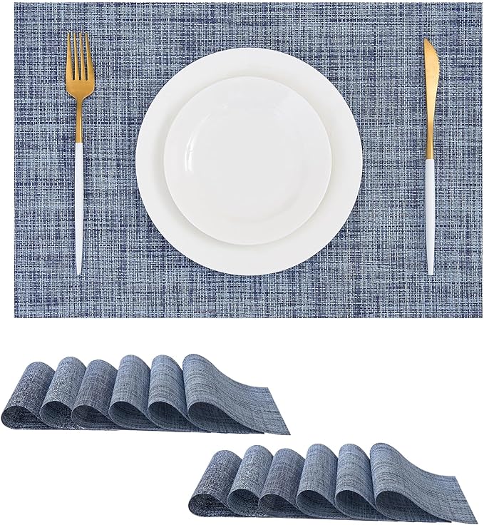 Leetaltree Deep Navy Woven Placemats Set of 12 - Heat Resistant Non-Slip Place mats for Dining Table, Washable Durable PVC Vinyl Woven Table Mats(Deep Navy, 12)