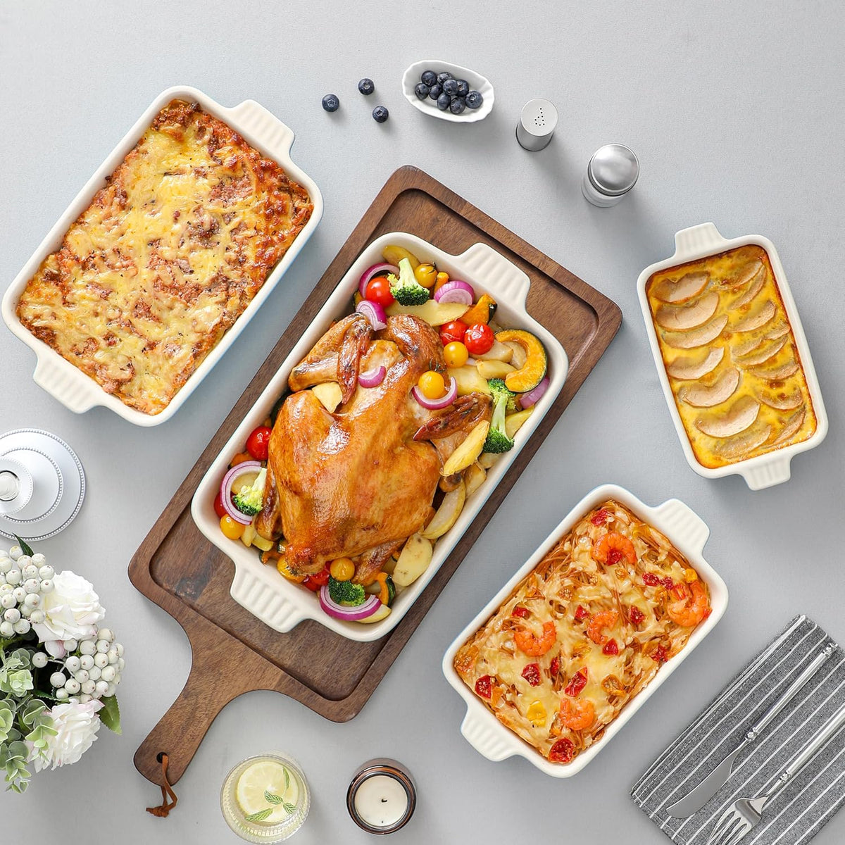 MALACASA Casserole Dishes for Oven, Porcelain Baking Dishes, Ceramic Bakeware Sets of 4, Rectangular Lasagna Pans Deep with Handles for Baking Kitchen, Blue (9.4"/11.1"/12.2"/14.7"), Series BAKE.BAKE