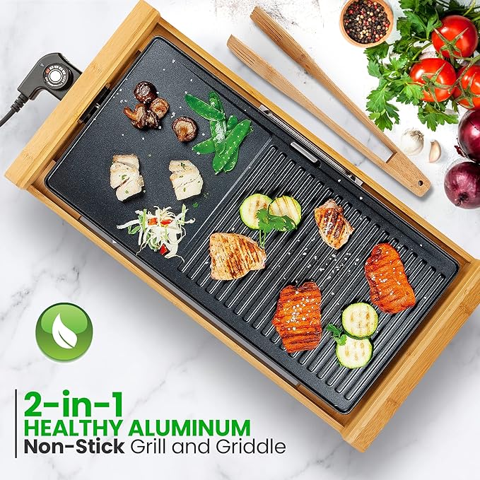 NutriChef 2 In 1 Indoor Grill & Griddle, Smokeless Nonstick Electric Grill and Griddle with Wooden Thong, 250 - 460°F Adjustable Temperature