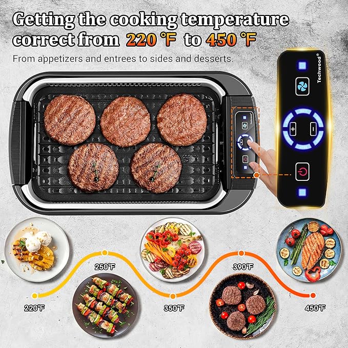 Indoor Smokeless Grill, Techwood 1500W Electric Indoor Grill with Tempered Glass Lid, Portable Non-stick BBQ Korean, Turbo Smoke Extractor Technology, Drip Tray& Double Removable Plate, Black