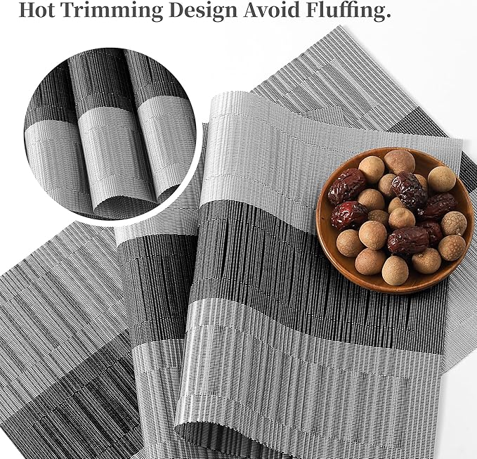 Leetaltree Grey with White Striped Placemats Set of 4 - Heat Resistant Non-Slip Place mats for Dining Table, Washable Durable PVC Vinyl Woven Table Mats（Grey Stripe, 4）