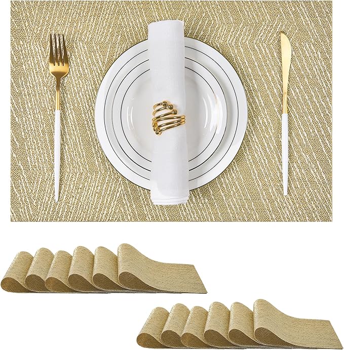 Leetaltree Gold Placemats Set of 12 - Heat Resistant Non-Slip Place mats for Dining Table, Washable Durable PVC Vinyl Woven Table Mats(Luxury Gold, 12)