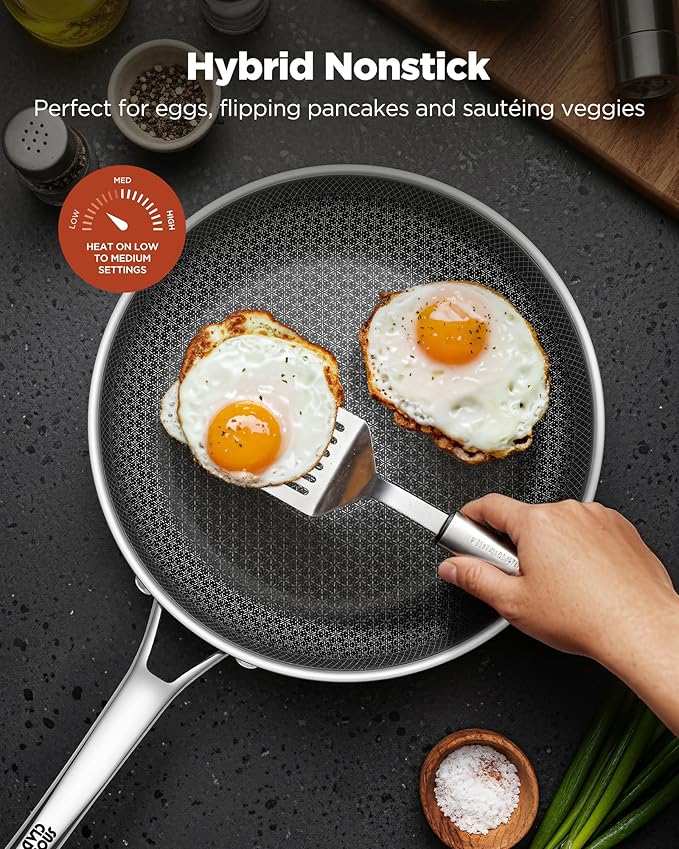 Non Stick Frying Pans, 12-inch with Lid, Hybrid Frying Pans Nonstick Upgrade,non stick Skillets Stainless Steel, Dishwasher & Oven-Safe, Induction Compatible Cooking Pan, PFOA Free Cookware