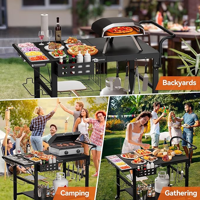 Leteuke Pizza Oven Table, Grill Cart Table for Blackstone Griddle, Outdoor Pizza Oven Stand Fits Ninja, Cuisinart, Gozney, Solo Stove, BBQ Prep Tables Station with Seasoning Tray, 47"x27.5"x30"