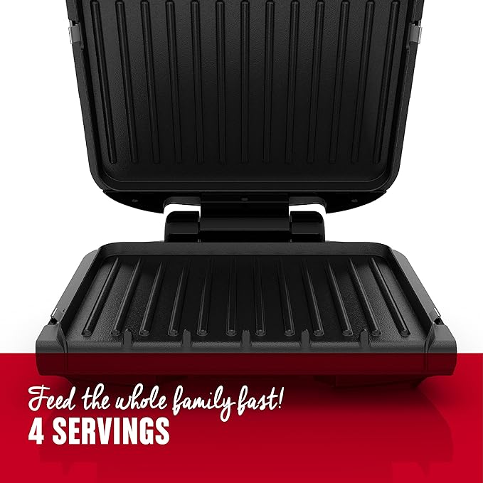 George Foreman 4-Serving Removable Plate Electric Grill and Panini Press, George Tough Non-Stick Coating, Drip Tray Catches Grease, Black