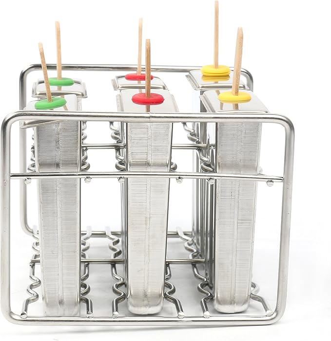 Set of 6 Stainless Steel Popsicle Mold and Rack Set - Homemade Ice Treat Makerwith 50 Wooden Sticks and 6 Silicone Seals and Bonus Cleaning Brush