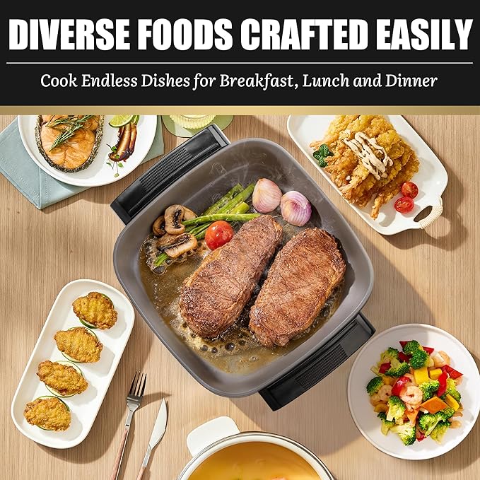 FineMade 12-inch Family Size Electric Skillet with Lid, Ceramic Skillet Electric, Square Skillet, Non Stick Electric Skillet Griddle Pan, PFAS-Free Temperature Control, 1500W, 6 QT, Gray