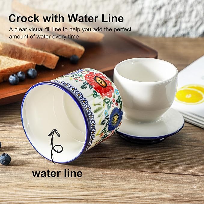 French Butter Crock with Lid for Countertop,Handpainted Floral Butter Keeper with Water Seal Line, Farmhouse Ceramic Butter Container Airtight for Soft Spreadable Butter,Housewarming Gifts