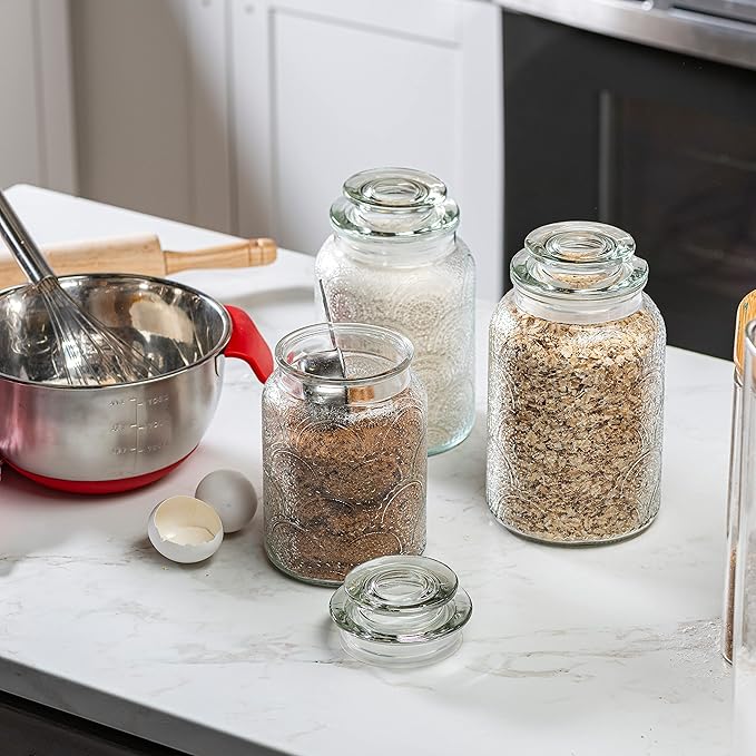 4pc Vintage Glass Canister Set with Airtight Lids - For Kitchen Food Storage and Organization