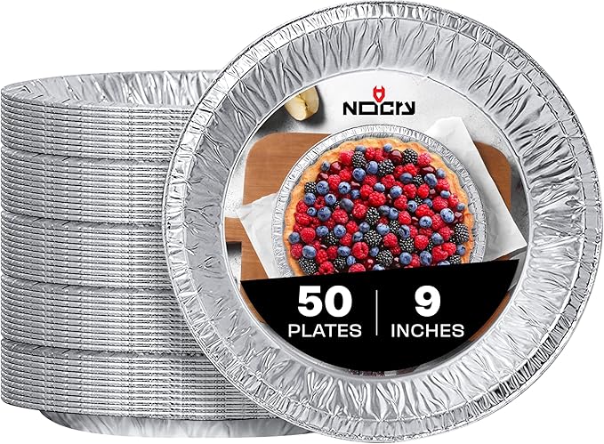 NoCry Premium Disposable Pie Pans 9 Inch (50 Pack) — Made in USA — Foil Aluminum Tins with Curl Lip for Baking Delicious Tarts or Crispy Pastry Crusts — Lightweight Yet Sturdy — Even Heat Distribution