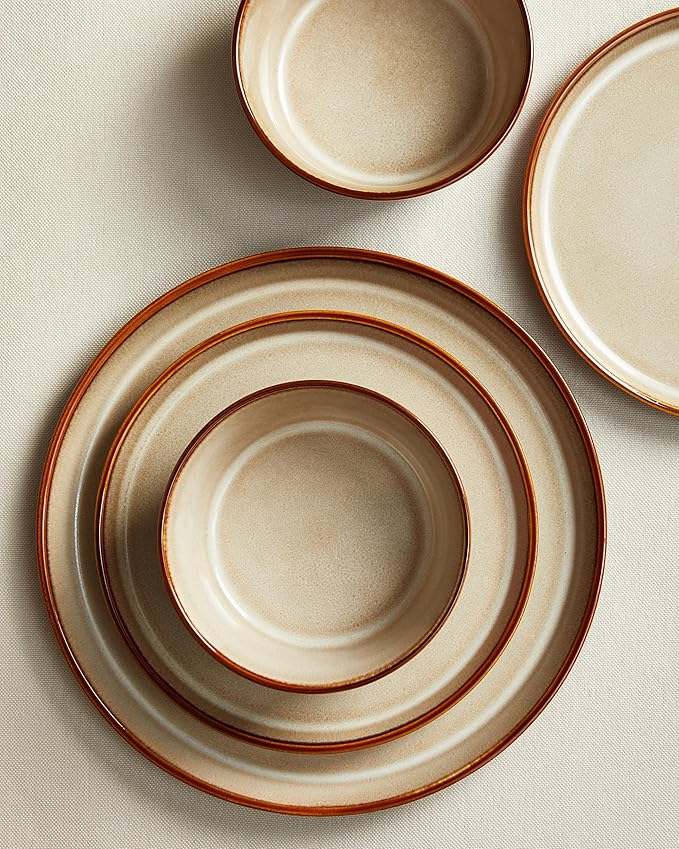 Pokini Dinnerware Set for 6, Ceramic Dish Sets, Plate and Bowl Set, Microwave & Dishwasher Safe Dishware Set, Chip & Scratch Resistant Dinner Set, Each Piece Unique, Amber Brown