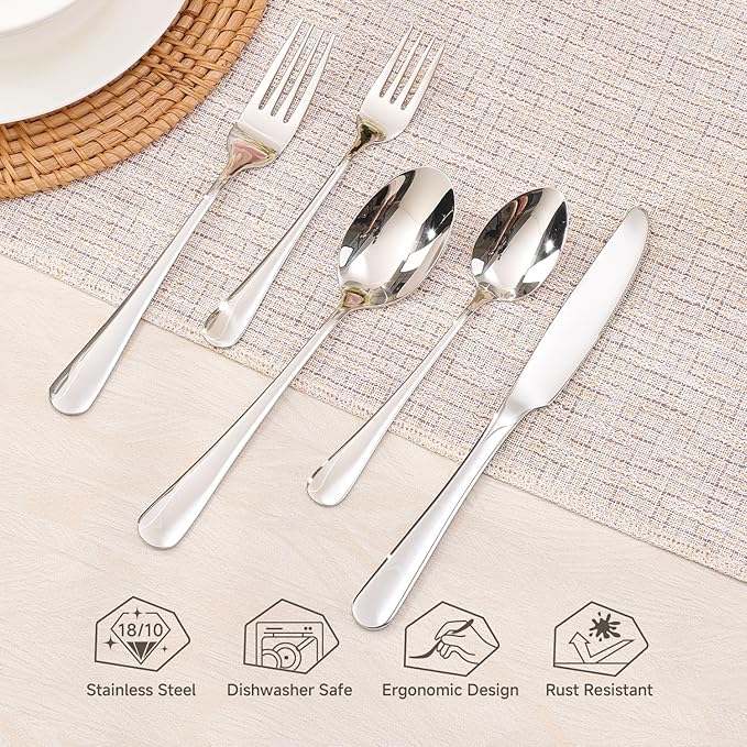 HIKAA 60-Piece Silverware Set for 12, 18/10 stainless Steel Flatware Set, Mirror Polished Cutlery Set, Dishwasher Safe Utensils for Home, Restaurant, Wedding Gift