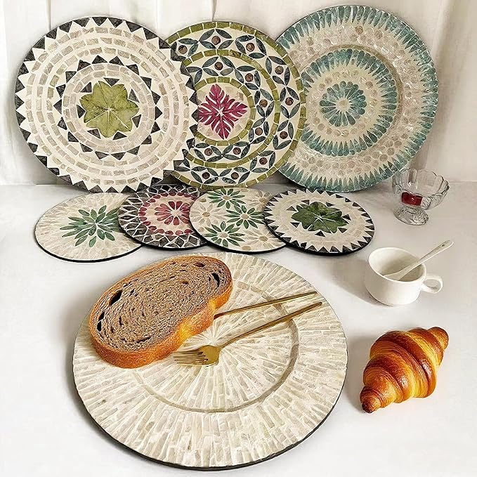 13 Inch Mother of Pearl Shell Placemat Plate – Large Round Decorative Heat for Table or Kitchen, Cabinet, Tabletop (Black and White Leaves, 13 Inch)