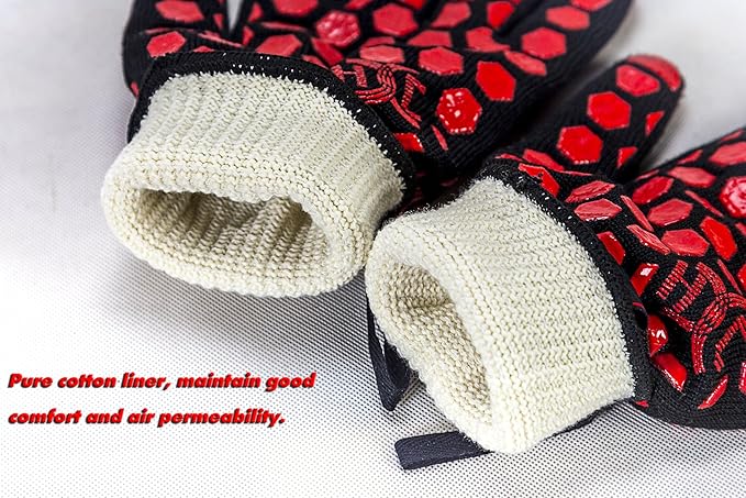 J H Heat Resistant Oven Glove:EN407 Certified 932 °F, 2 Layers Silicone Coating, Oven Mitts for Cooking, Kitchen, Fireplace,Camping, Grilling (Black/Red, Regular Cuff)