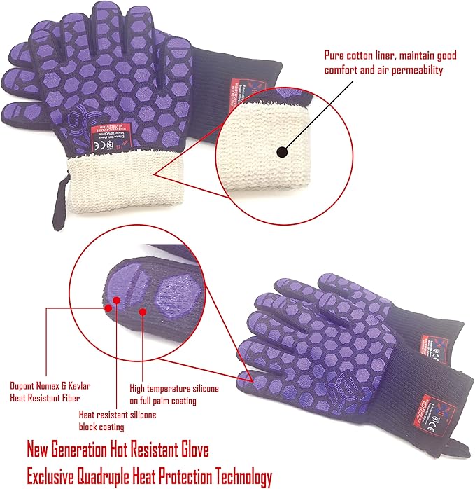 J H Heat Resistant Oven Glove:EN407 Certified 932 °F, 2 Layers Silicone Coating, Oven Mitts for Cooking, Kitchen, Fireplace,Camping, Grilling (Black/Purple, Extra Long Cuff)