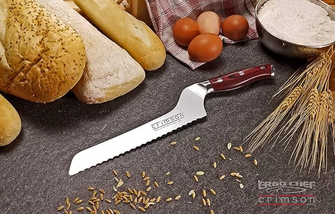 Ergo Chef Crimson Series 8-Inch Serrated Offset Bread & Deli Knife - High-Carbon German X50CrMoV15 Stainless Steel Blade - Durable G10 Fiberglass Handle