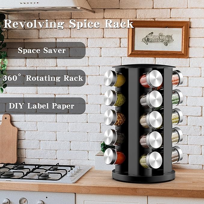 Handisen Rotating Spice Rack Organizer for Cabinet, Spice Racks Storage with 20 Jars, Spinning Spice rack for Kitchen Countertop, Spice Holder,Seasoing Storage Racks, Silver