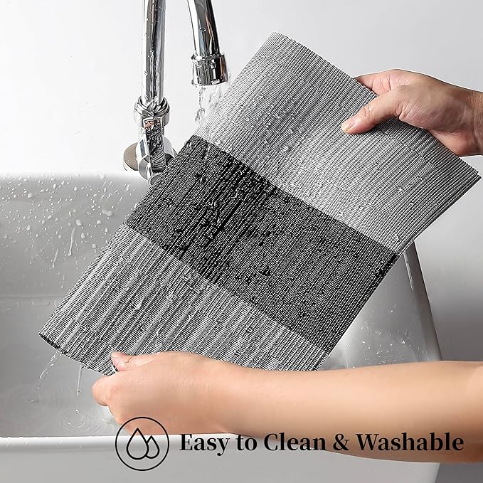 Leetaltree Grey with White Striped Placemats Set of 4 - Heat Resistant Non-Slip Place mats for Dining Table, Washable Durable PVC Vinyl Woven Table Mats（Grey Stripe, 4）
