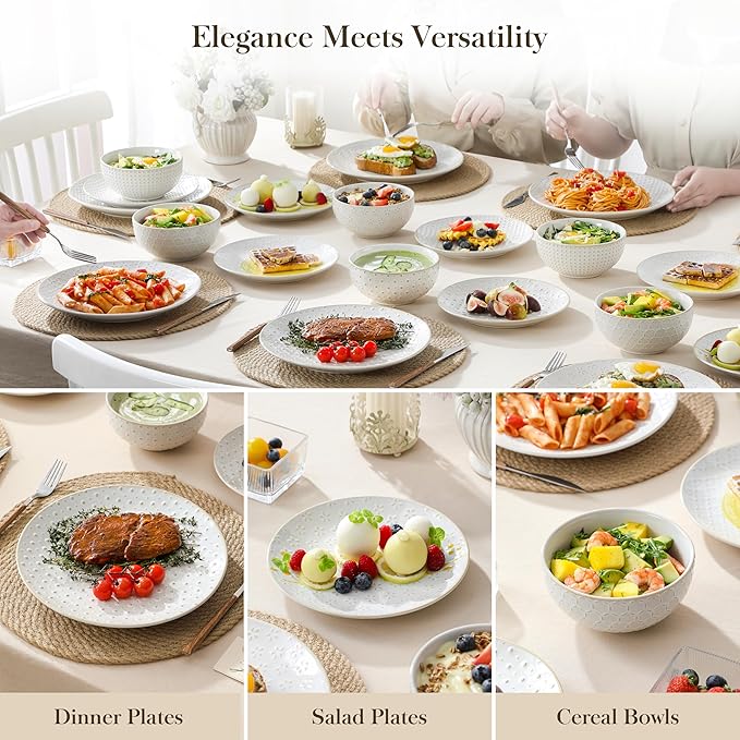 MALACASA 24 Piece Dinnerware Set, Embossed Ceramic Dish Sets Service for 8, Plates and Bowls Set, Durable Stoneware Tableware for Family Dinners, Dishwasher & Microwave Safe