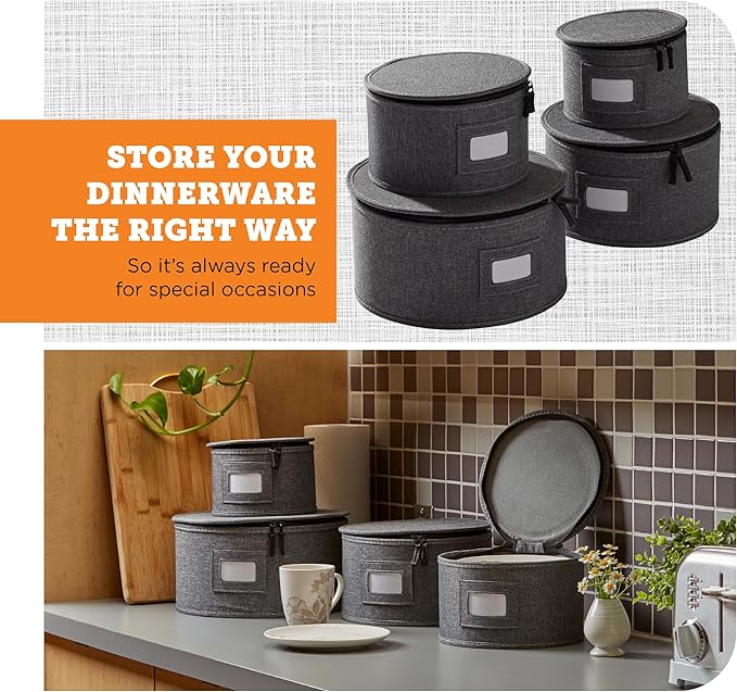 storageLAB China Storage Containers, Hard Shell Case with Felt Dividers for Charger Plates, and Dishes, Ideal for Kitchen Organization, Moving Supplies, and Fine China Storage - 4-Piece Set, Gray