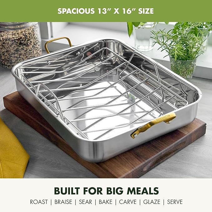 GreenPan Reserve 16" x 13" Tri-Ply Stainless Steel Roasting Pan with Roaster Rack, Multiclad Cookware, Induction Suitable, Gold Stainless Steel Handles, Dishwasher & Oven Safe, Silver