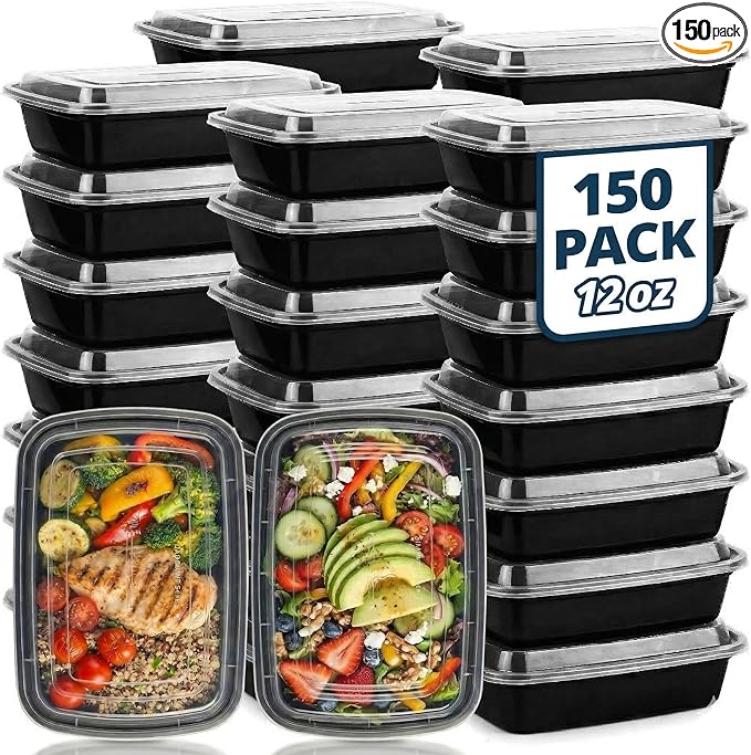 Tiya Meal Prep Containers with Lids - 150 Pack 12 oz BPA-Free Plastic Food Storage Containers Leak-Proof, Microwave, Dishwasher & Freezer Safe Reusable To-Go Boxes for Portion Control & Catering