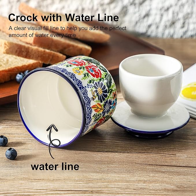 French Butter Crock with Lid for Countertop,Handpainted Floral Butter Keeper with Water Seal Line, Farmhouse Ceramic Butter Container Airtight for Soft Spreadable Butter,Housewarming Gifts