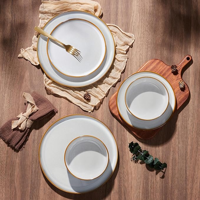 E-far Plates and Bowls Set for 8, 24-Piece Stoneware Dinnerware Sets, Ceramic Dinning Ware Reactive Glaze Dishes Set, Microwave & Dishwasher Safe - Seashell White