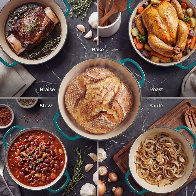 Zulay Kitchen 5 Quart Enameled Cast Iron Dutch Oven Pot with Lid – Premium Durability & Oven Safe up to 500°F – Heavy Duty Cookware Perfect for Bread Baking, Stews, Braising & Roasting – Emerald