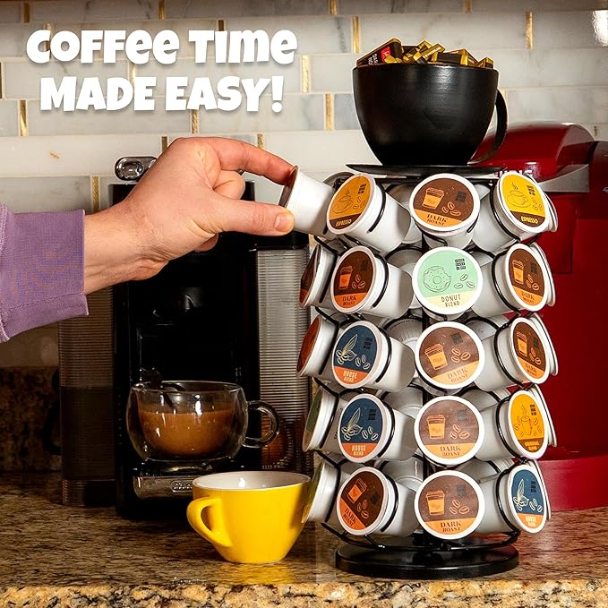Made Easy Kit Carousel Coffee Pod Organizer - Compatible with Keurig K-Pods K-Cups - Countertop 360 Spin Rack Storage - Lazy Susan Revolving Base Metal (Black Coffee Mug, Small (24 Pods))