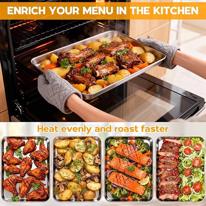 Onader Baking Cookie Sheet Set, 20 x 14 Inch Stainless Steel Large Baking Sheet Pan, 1 Inch Deep Metal Oven Pan Tray for Oven, Easy Clean & Dishwasher Safe, 2-Pack