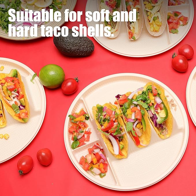 LUVCOSY 10'' Large Disposable Taco Plates, 3-Taco & 4-Sides, Biodegradable Cornstarch Taco Holder, Big Size Fit Soft & Hard Tortilla, Sturdy & Microwave Safe, Bar Serving Set For A Party- 60 Pack