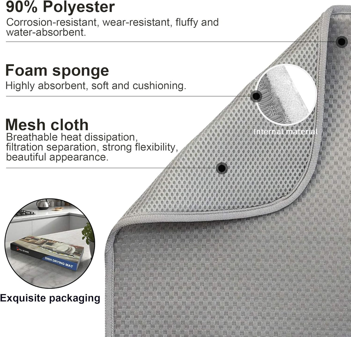 Dish Dryer Mat, Dish Drying Mats For Kitchen Counter, Large Dish Drying Pad for Kitchen Counter, Microfiber Dish Drying Mat for Sinks, Drainer Mats, 20 x 15 inches (Gray)