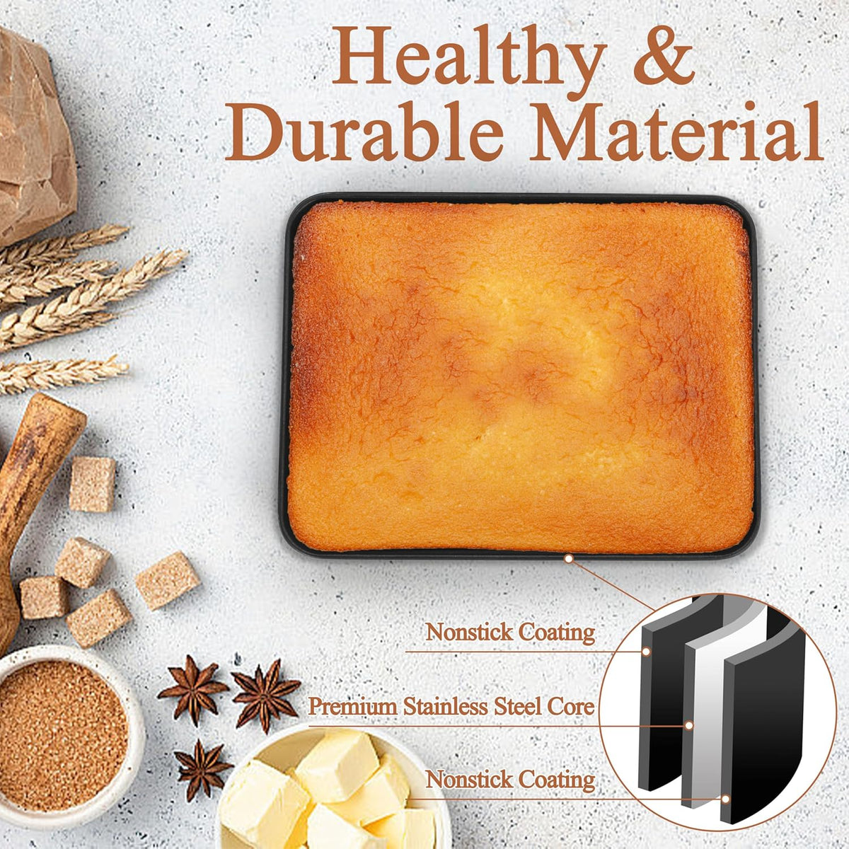 LIANYU 12⅓ x 9¾ x 2 Inch Cake Pan Set of 2, Rectangle Non-stick Baking Pan, Stainless Steel Bakeware for Lasagna Brownies Casseroles, Healthy & Easy Release