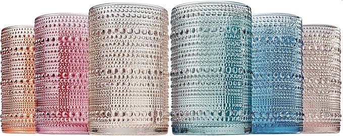 Khen Beaded Highball Drinking Tumbler Set | Set of 6 | Holiday Decor Vintage Hobnail 12 OZ Muted Bubble Design Whiskey Glassware, Old-Fashioned, Embossed Design Glass for Water Wine, Cocktail