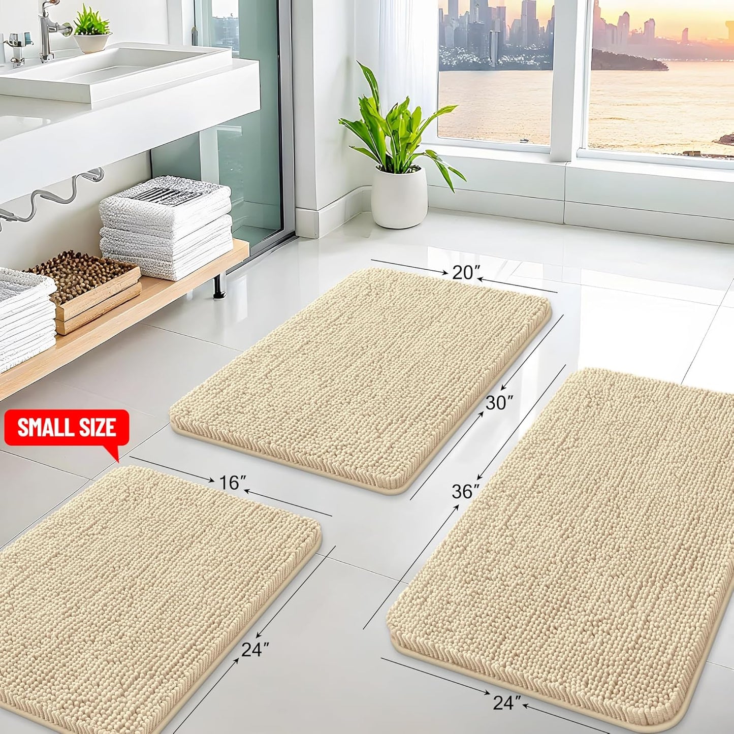 Arotive Bathroom Rugs 59x24, Extra Soft Absorbent Shaggy Chenille Bath Rugs, Machine Washable Rubber Backing Non-Slip Bath Mats for Bathroom Floor Tub and Shower, Home Decor Accessories, Beige