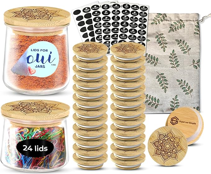 Oui Yogurt Jar Lids Bamboo Mandala – 24-Pack Airtight Bamboo Lids for Oui Glass Jars – Fits Regular & Petite Yogurt Jars – Reusable Jar Tops with Labels & Storage Bag